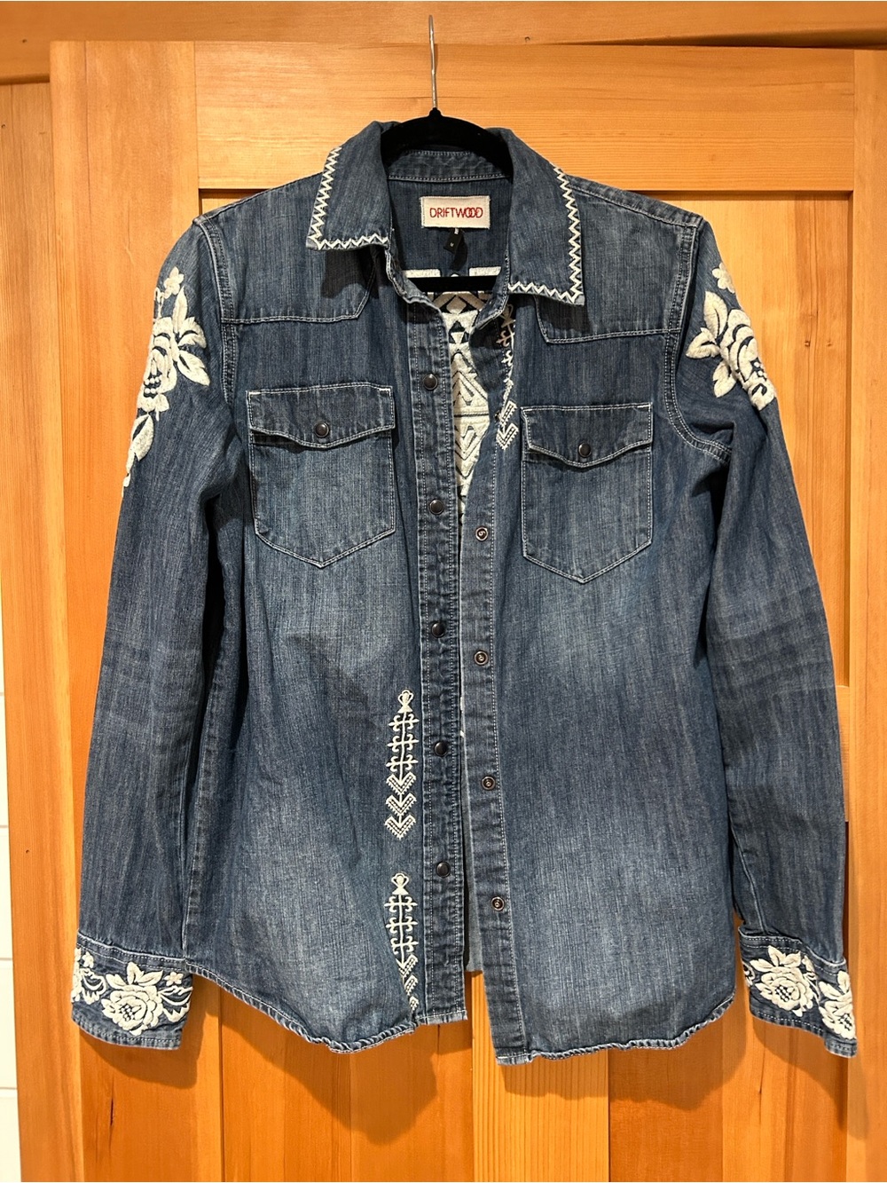 DRIFTWOOD Blue Denim Jacket with White Floral Embroidery